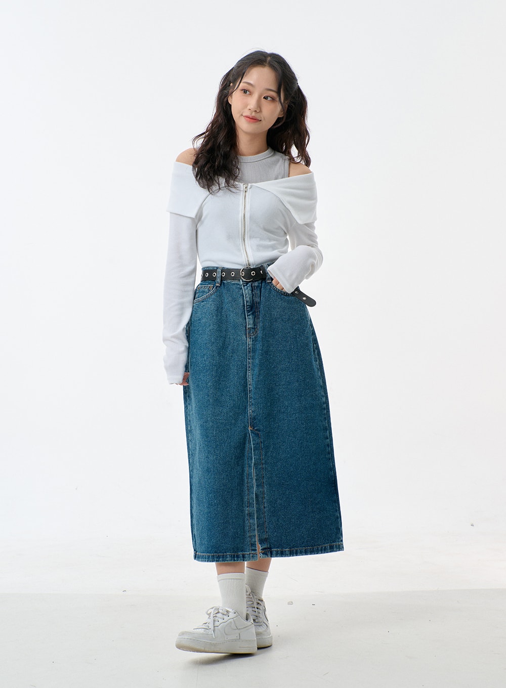 Mid-Wash Front Slit Denim Maxi Skirt BJ327