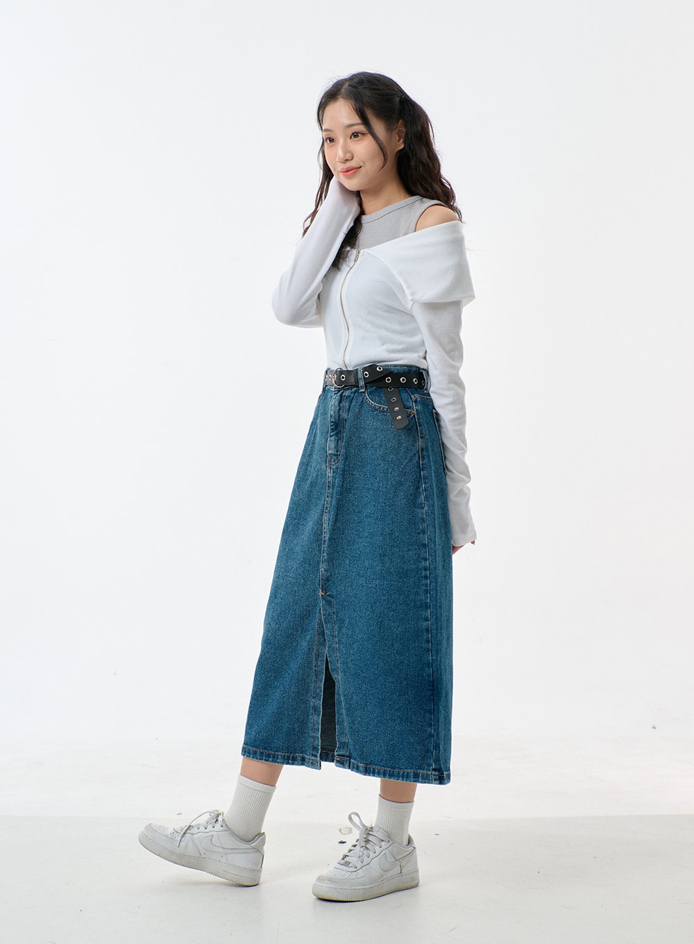 Mid-Wash Front Slit Denim Maxi Skirt BJ327