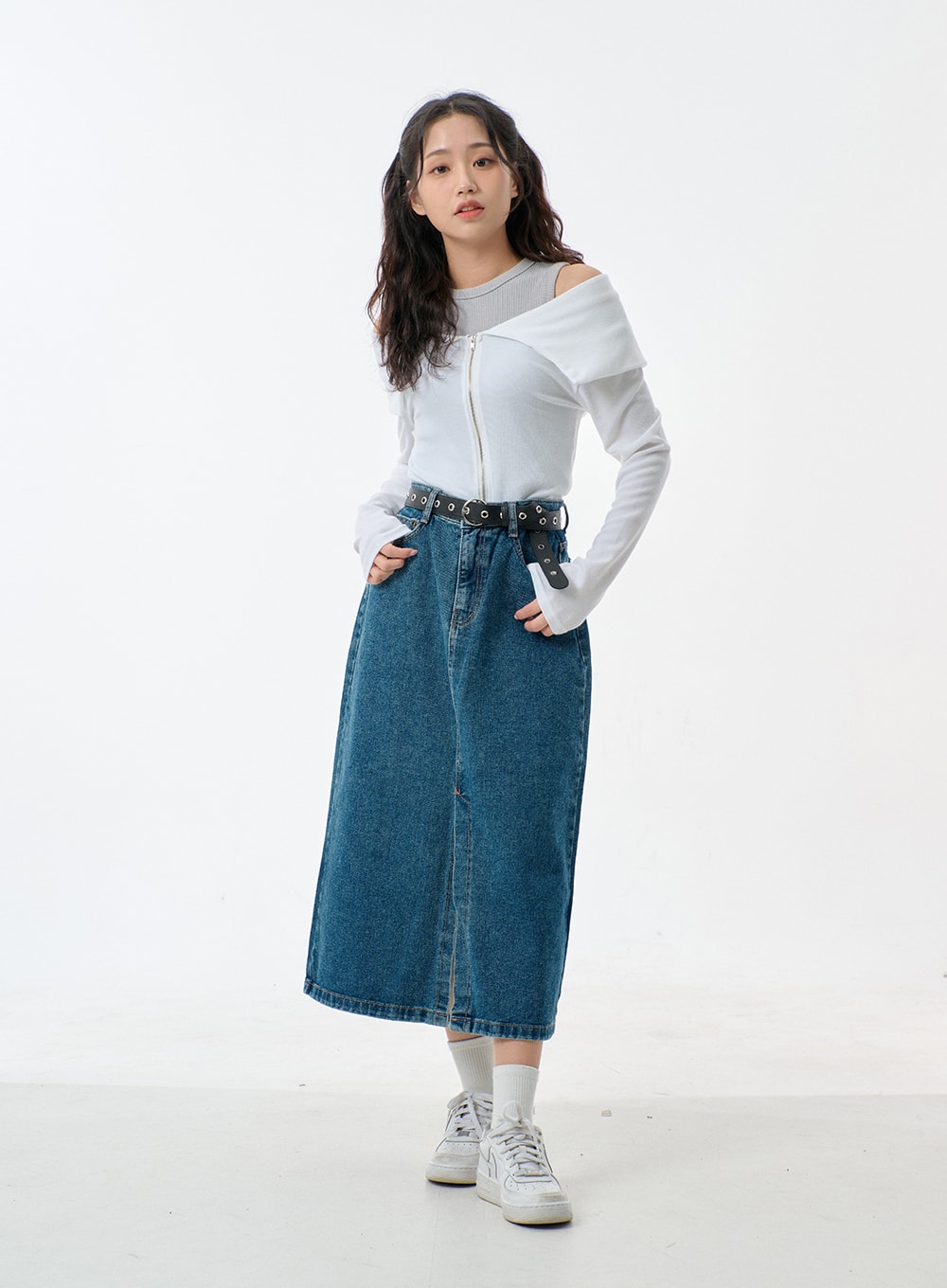 Mid-Wash Front Slit Denim Maxi Skirt BJ327