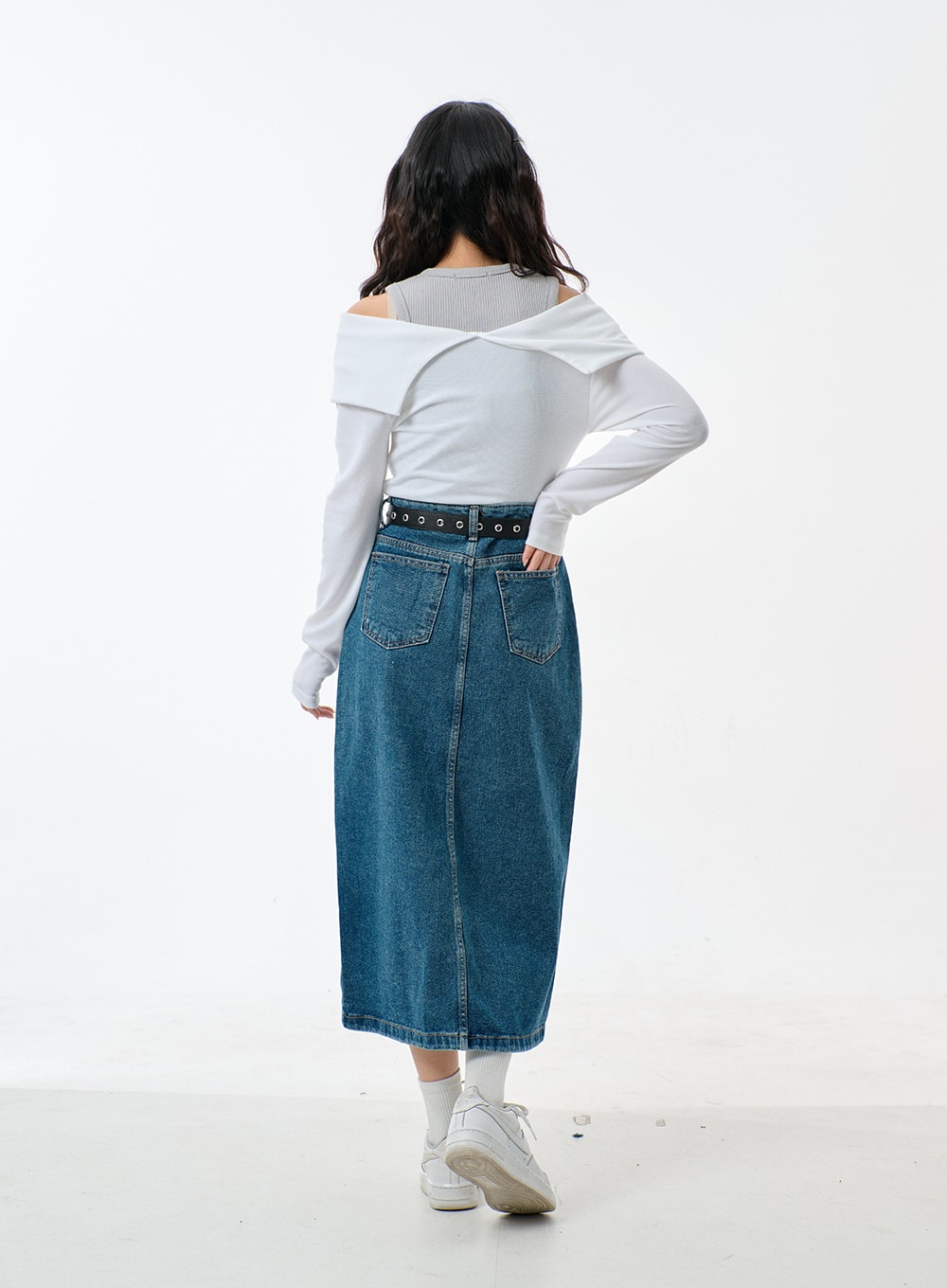 Mid-Wash Front Slit Denim Maxi Skirt BJ327