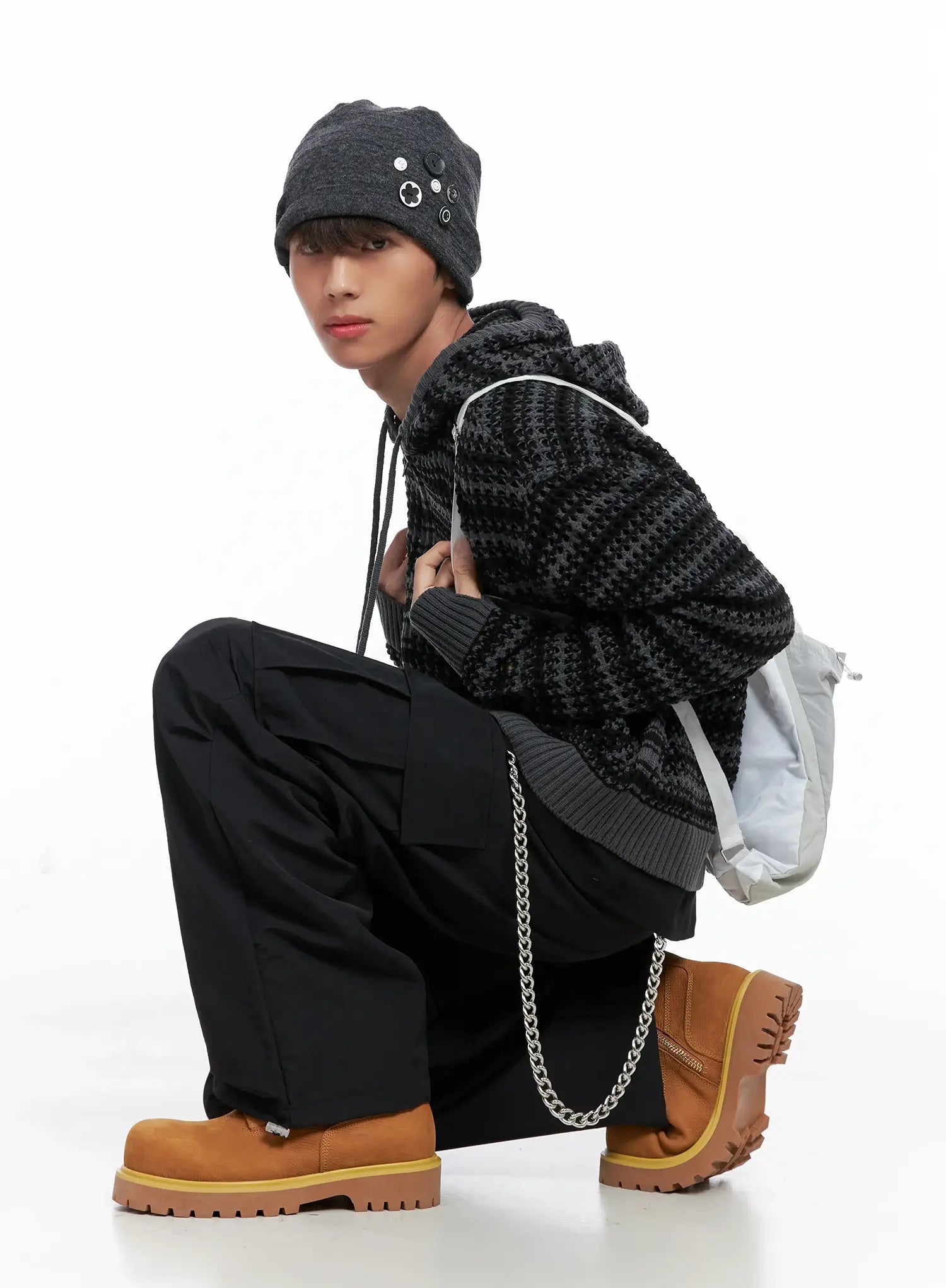 Men's Striped Textured Double Zip-Up Hoodie IO506