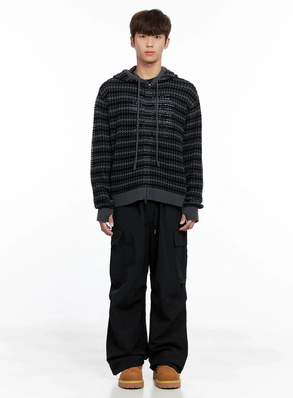 Men's Striped Textured Double Zip-Up Hoodie IO506