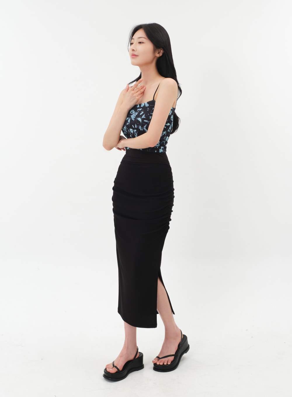 Side Shirred Midi Spandex Skirt IY12