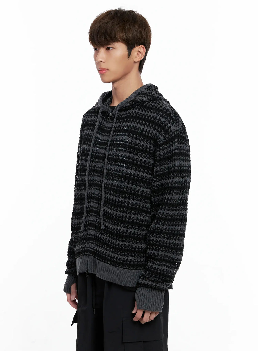 Men's Striped Textured Double Zip-Up Hoodie IO506