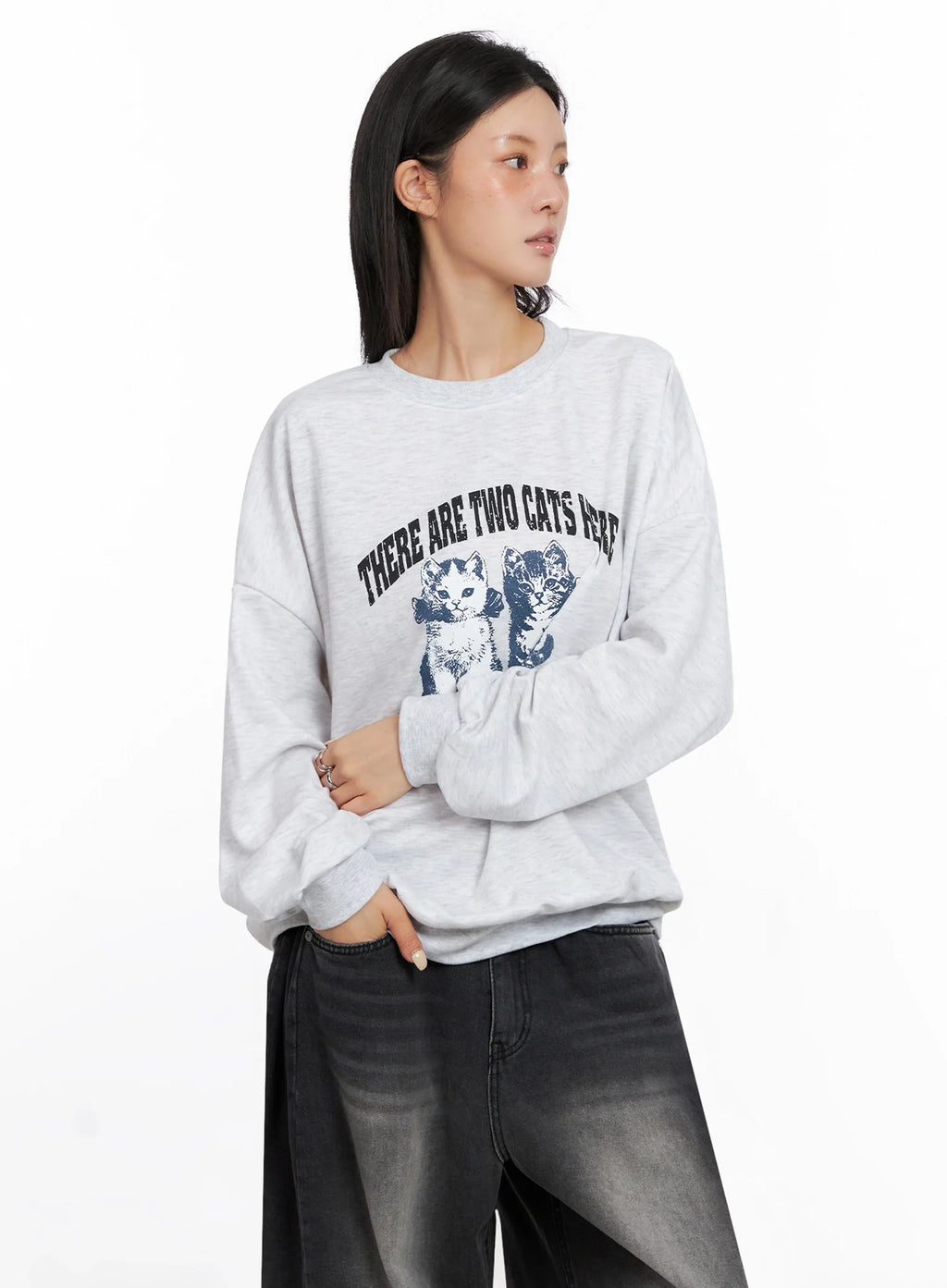 Cat Print Graphic Sweatshirt IS508