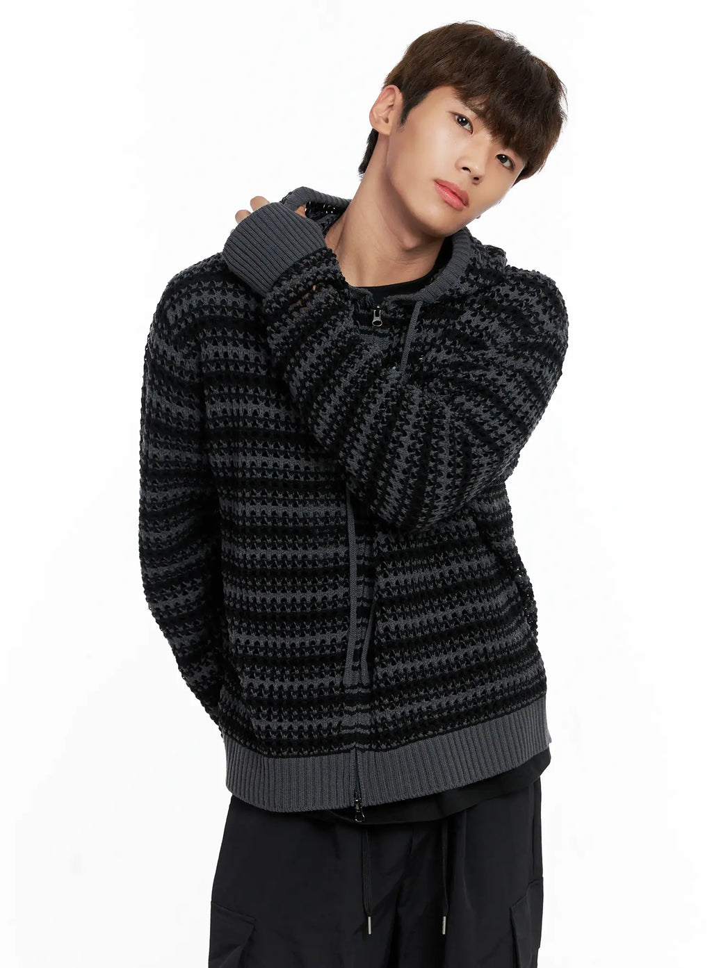 Men's Striped Textured Double Zip-Up Hoodie IO506