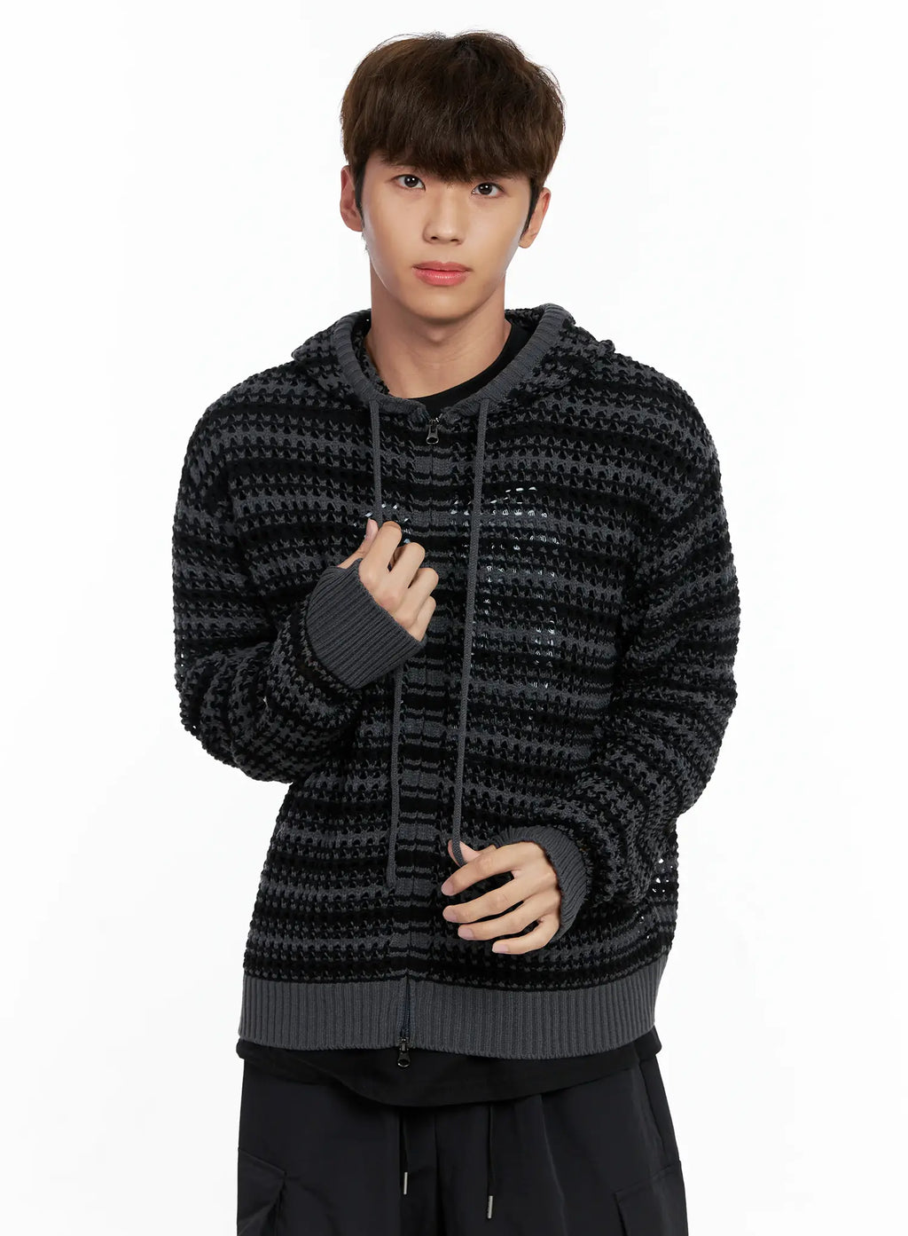 Men's Striped Textured Double Zip-Up Hoodie IO506
