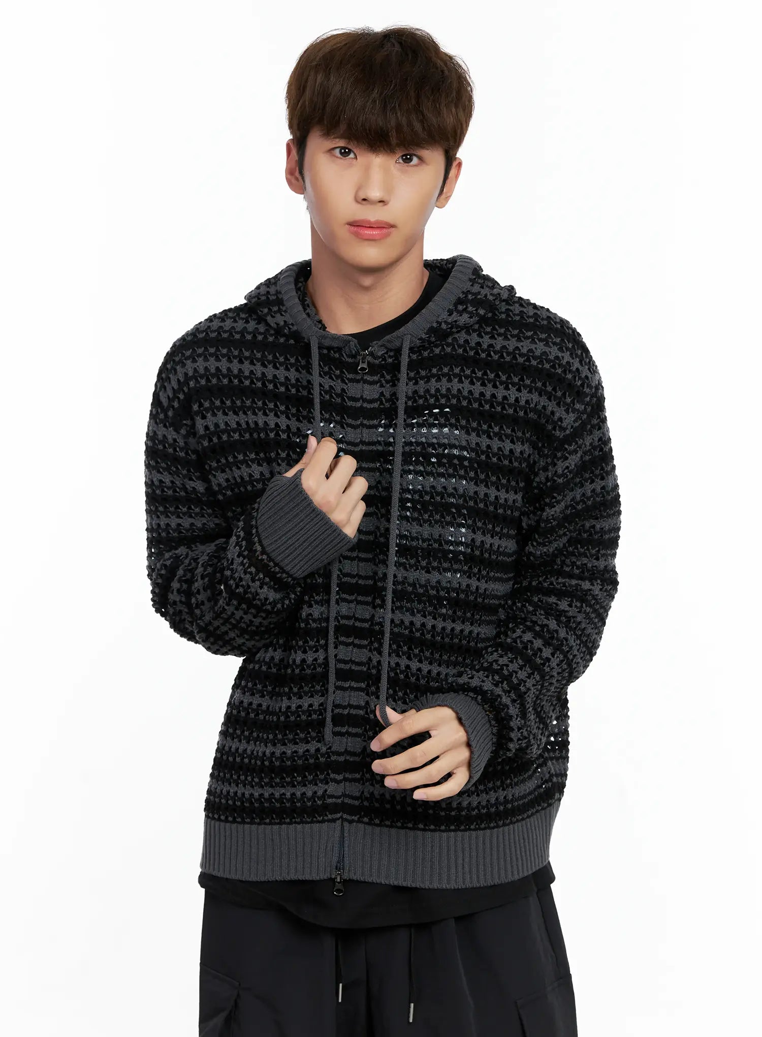 Men's Striped Textured Double Zip-Up Hoodie IO506