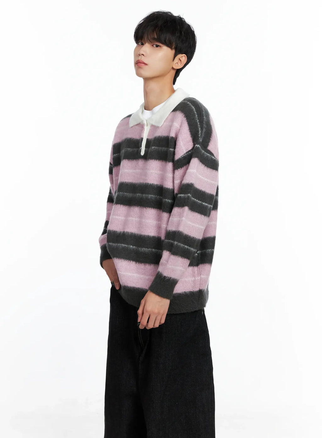 Men's Striped Knit Sweater (Light Pink) IS519