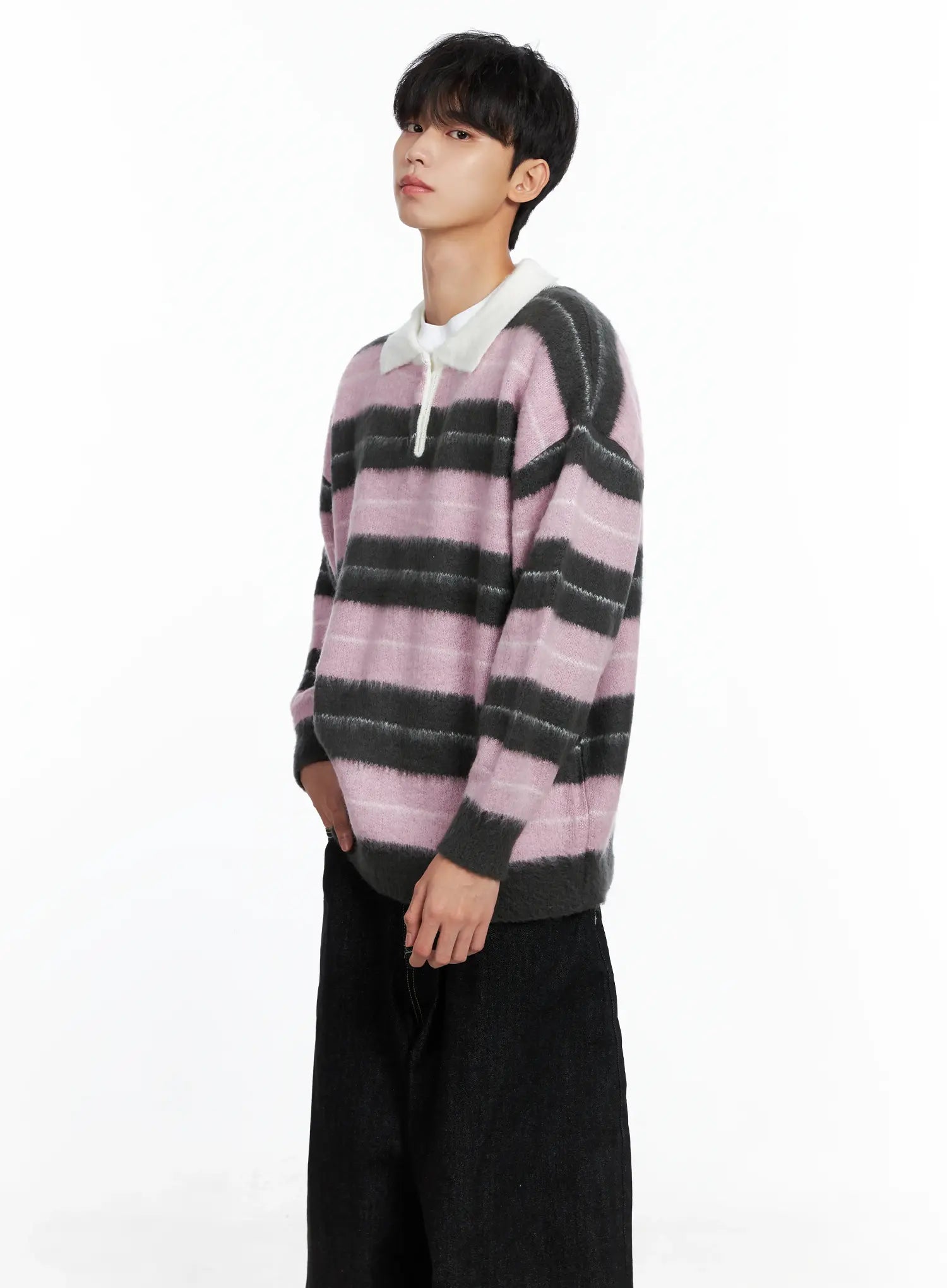 Men's Striped Knit Sweater (Light Pink) IS519
