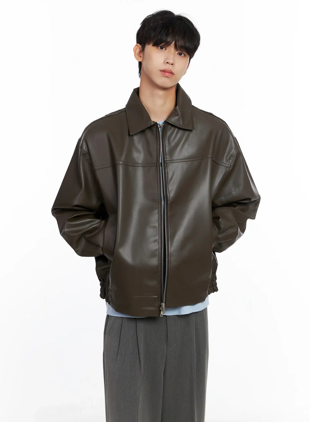 Men's Classis Faux Leather Zip-Up Jacket Is519