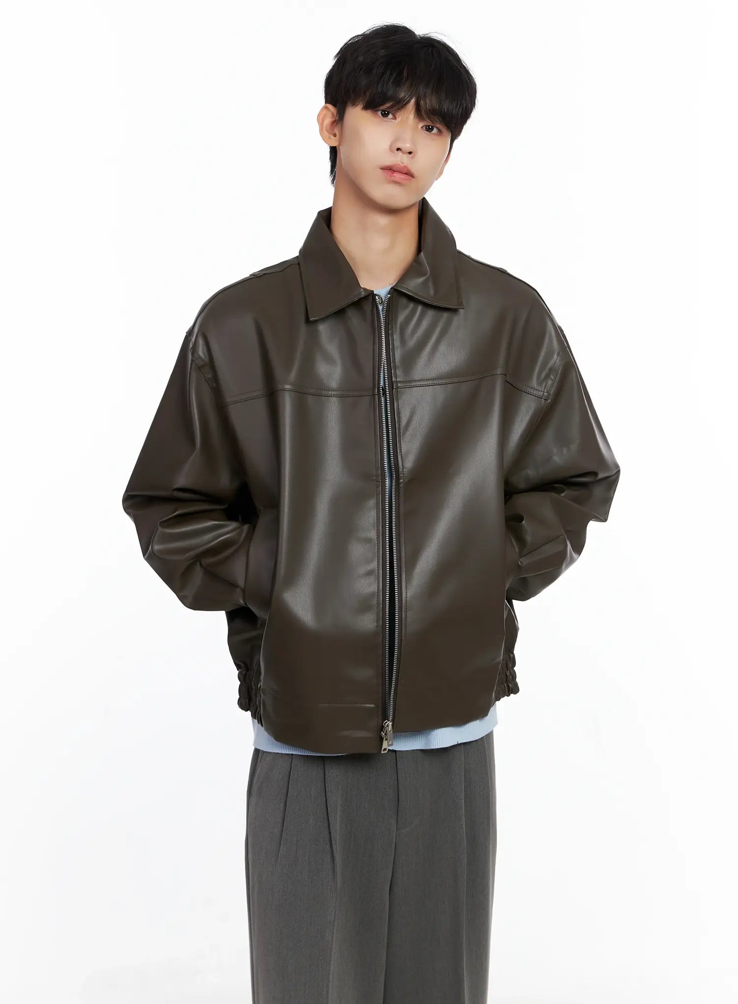 Men's Classis Faux Leather Zip-Up Jacket Is519