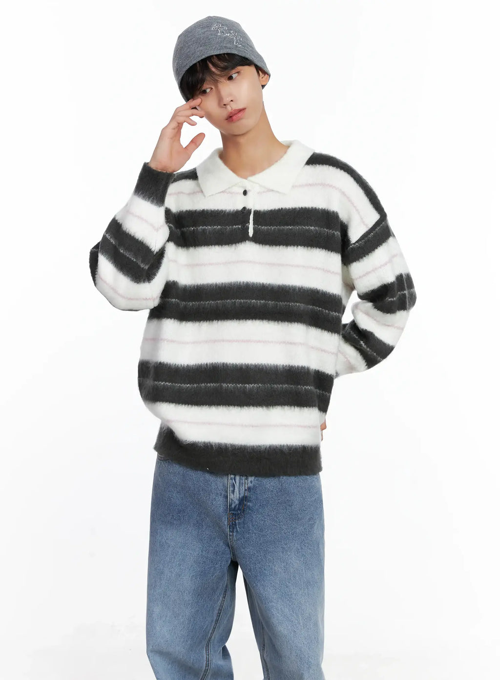 Men's Striped Knit Sweater (White) IS519