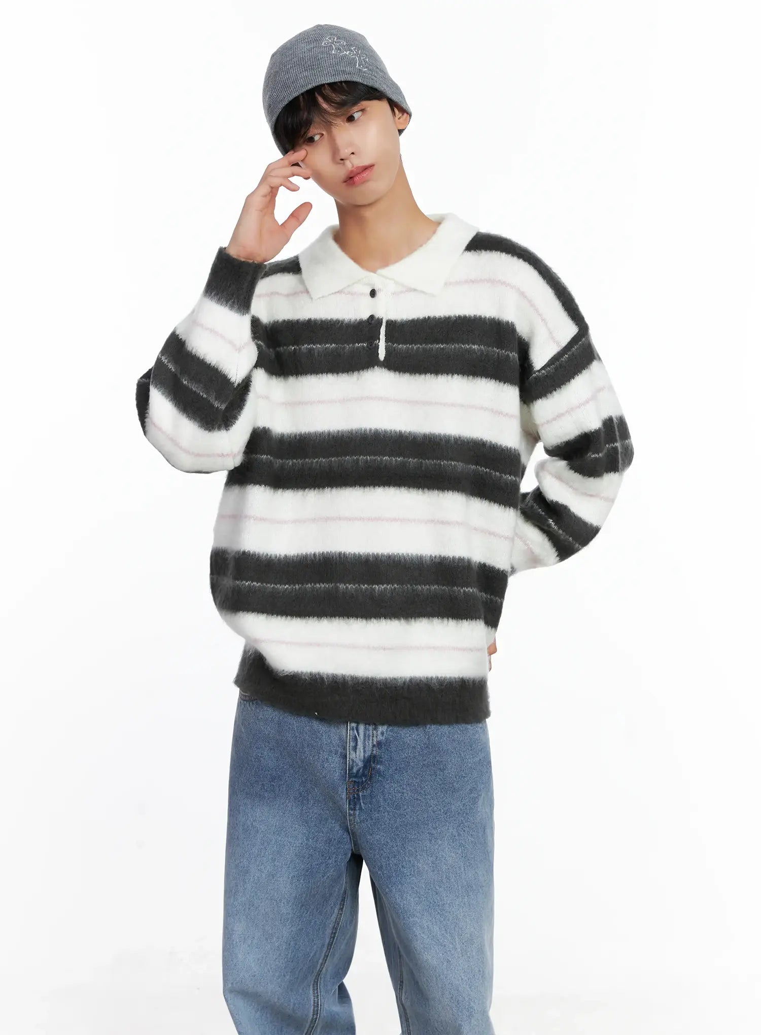 Men's Striped Knit Sweater (White) IS519