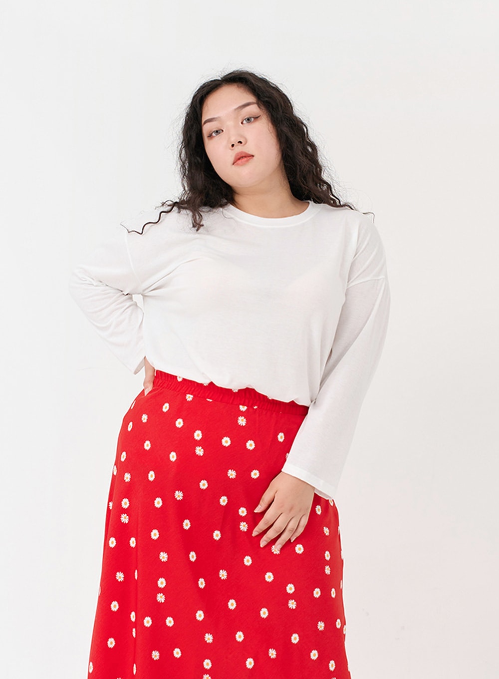 Plus Basic Span Round Neck Long Sleeve T-Shirt IG09