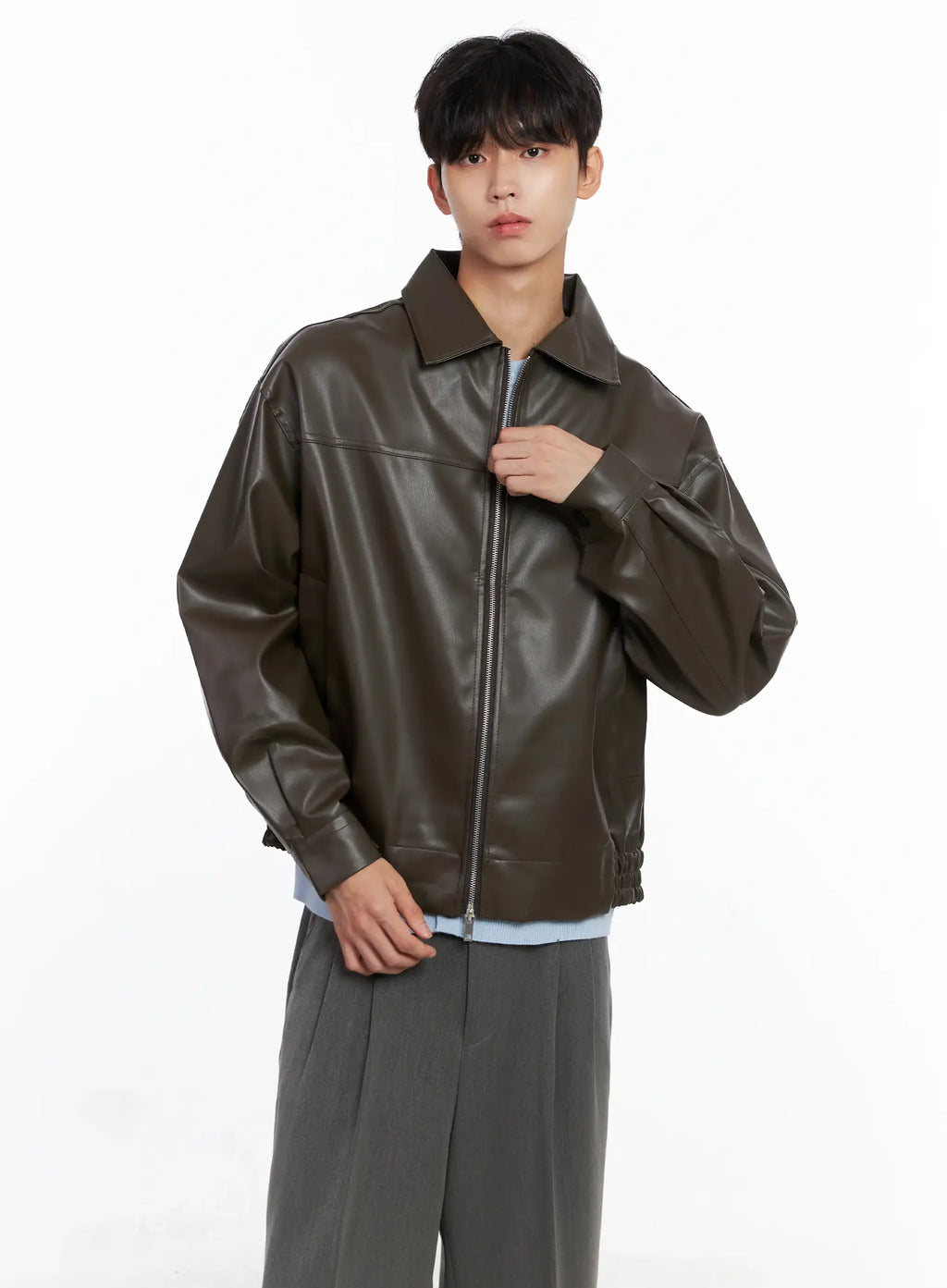 Men's Classis Faux Leather Zip-Up Jacket Is519