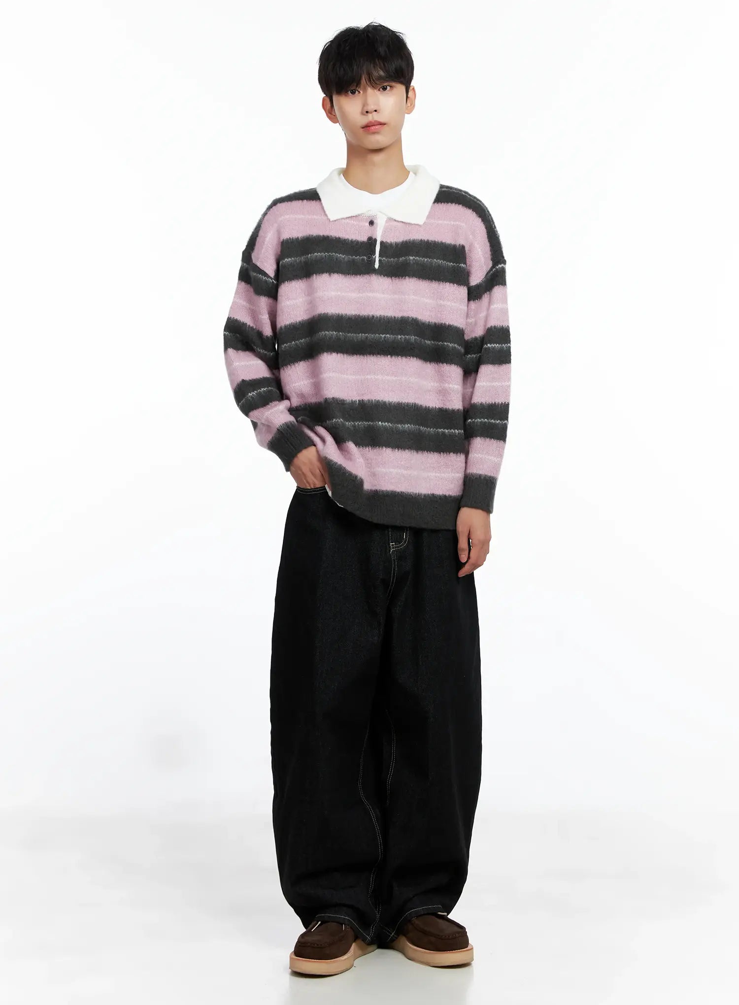 Men's Striped Knit Sweater (Light Pink) IS519