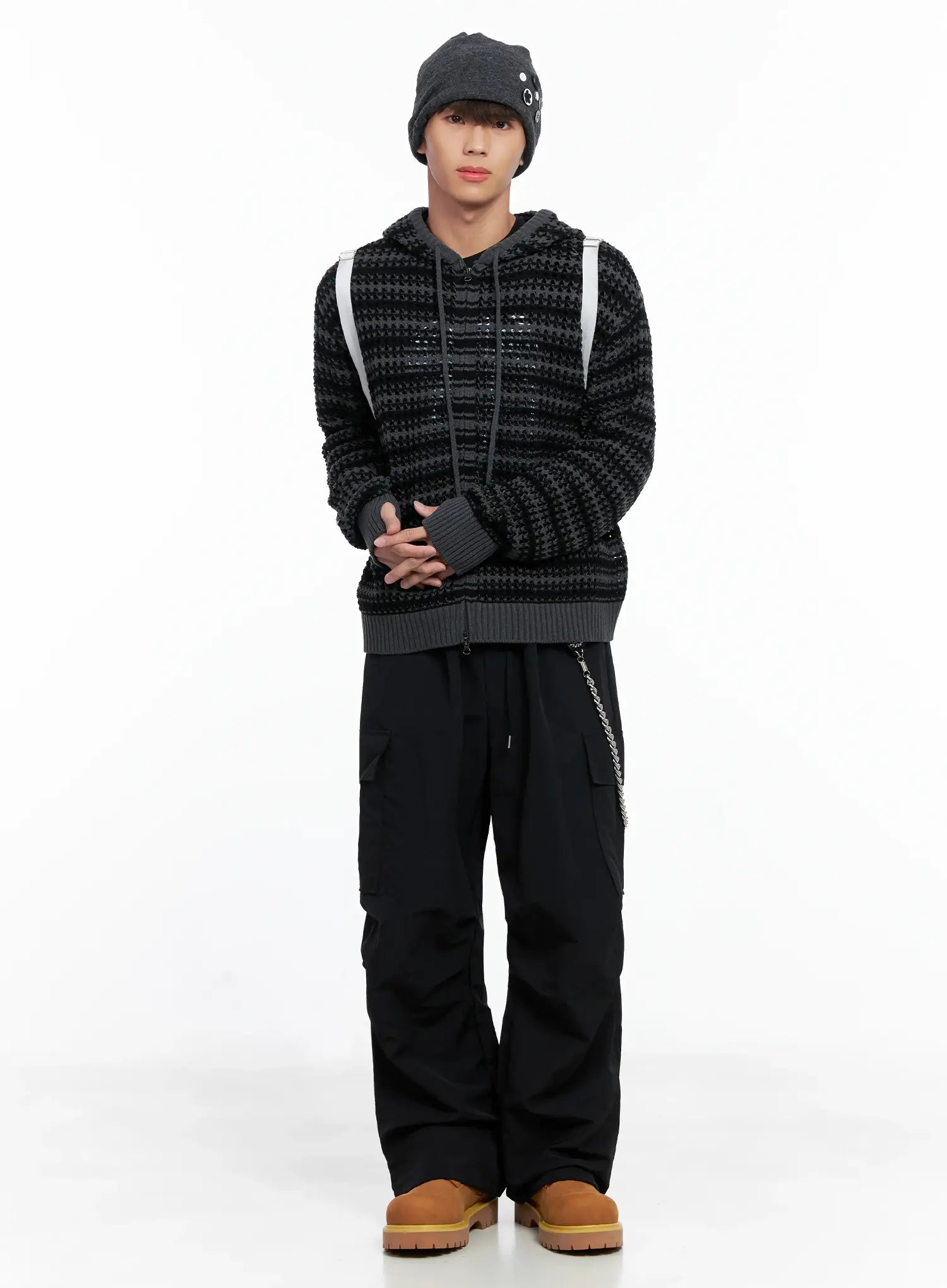 Men's Striped Textured Double Zip-Up Hoodie IO506