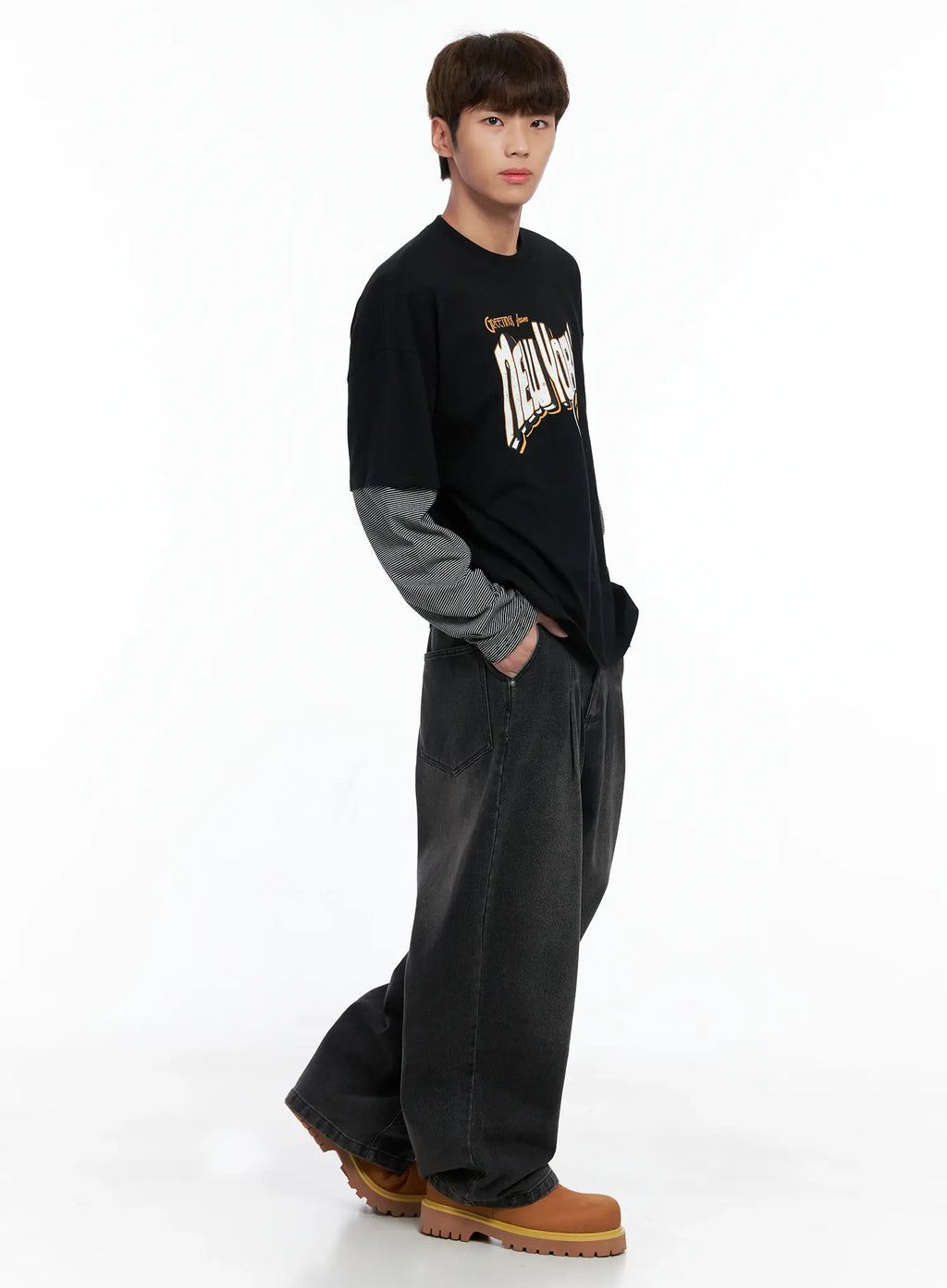 Men's Wide-Leg Two-Tuck Denim Jeans IO502