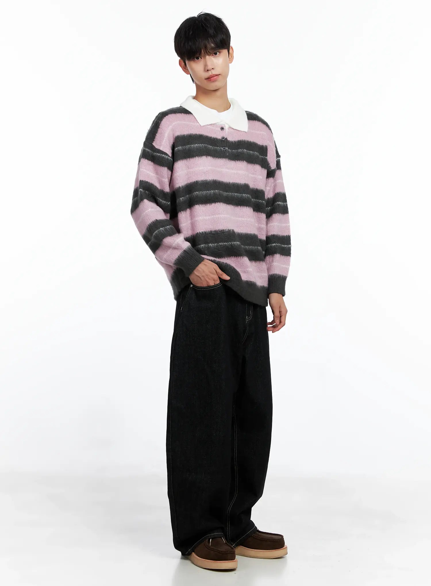Men's Striped Knit Sweater (Light Pink) IS519