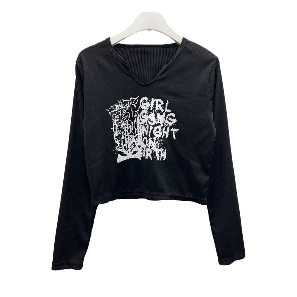 Cropped Long Sleeve T Shirt with Graphic Print K2302