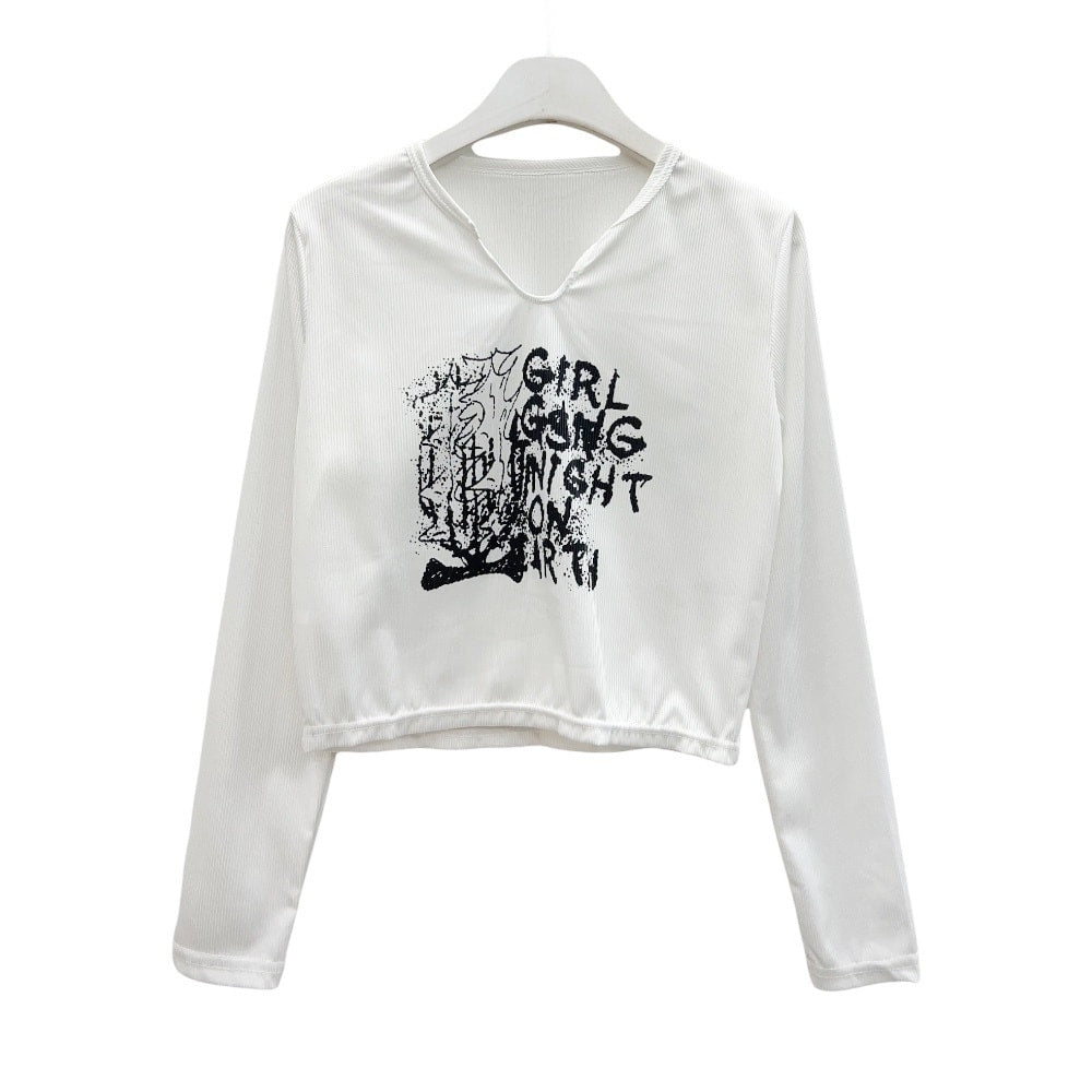 Cropped Long Sleeve T Shirt with Graphic Print K2302