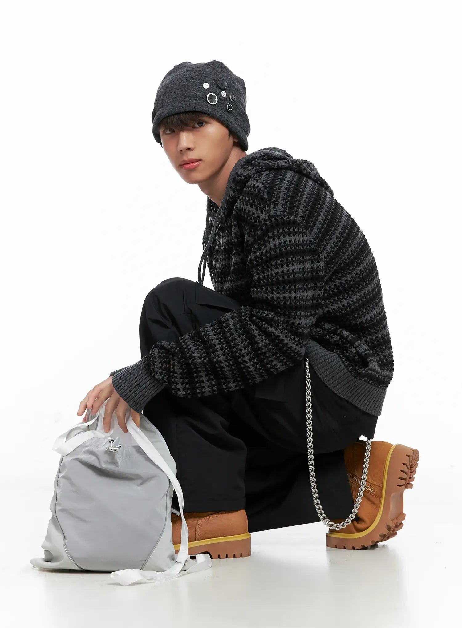 Men's Striped Textured Double Zip-Up Hoodie IO506