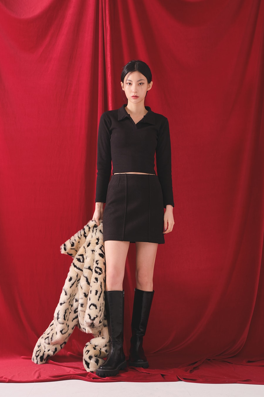 Open Collar Cropped Long Sleeve Tee