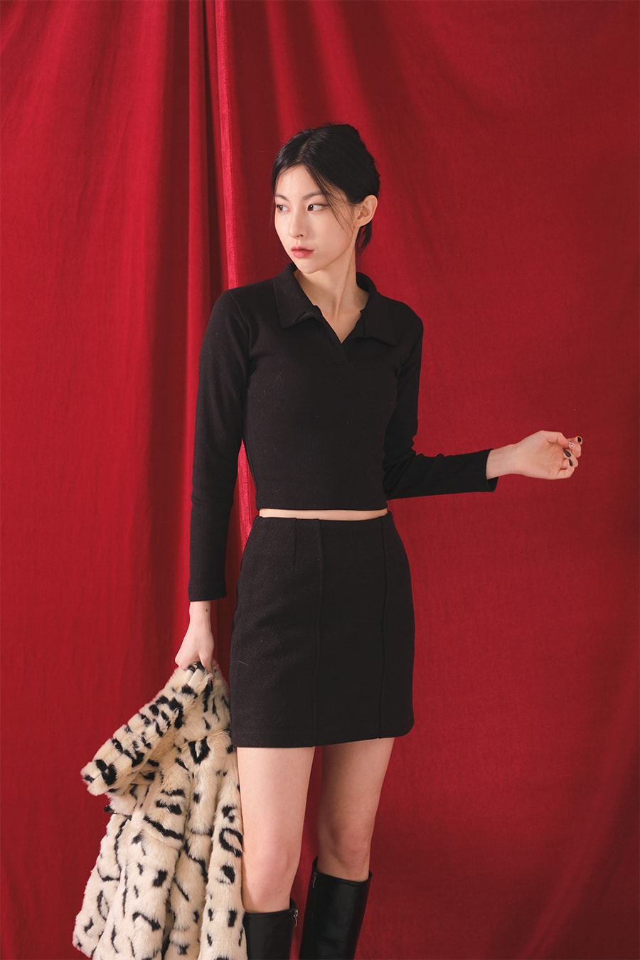 Open Collar Cropped Long Sleeve Tee