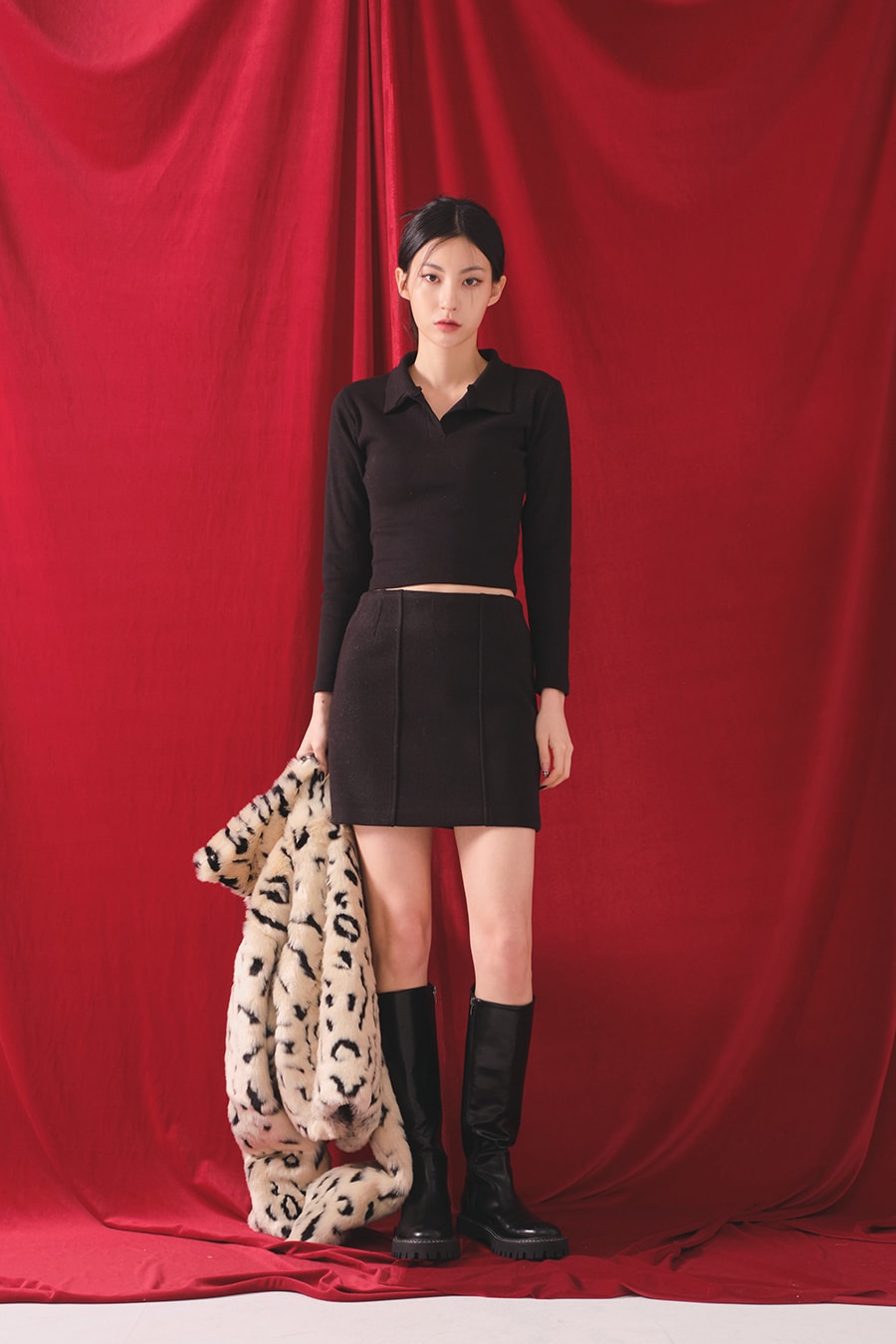 Open Collar Cropped Long Sleeve Tee