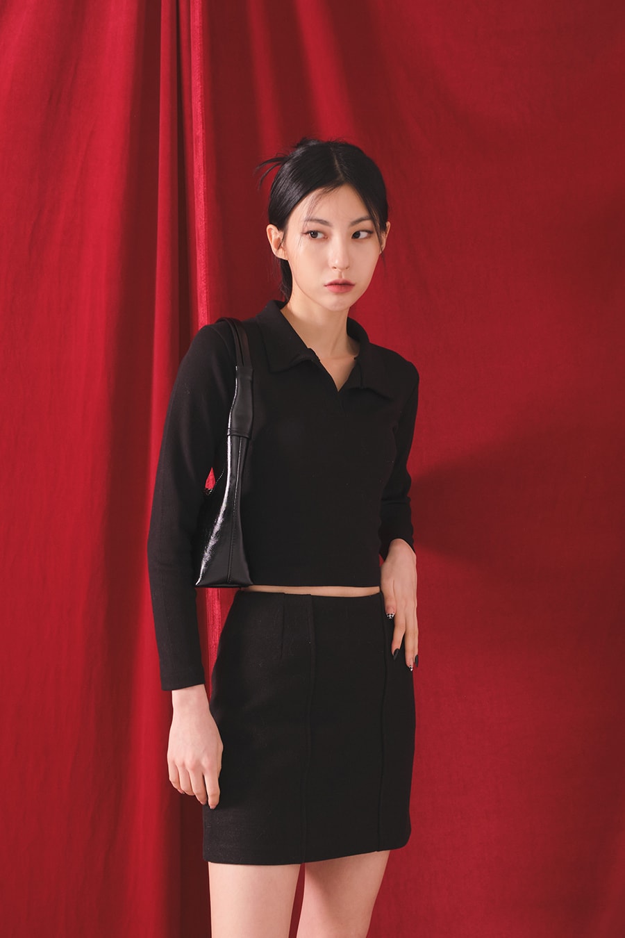 Open Collar Cropped Long Sleeve Tee