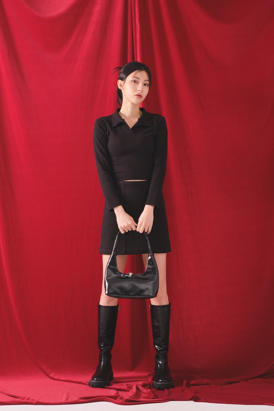 Open Collar Cropped Long Sleeve Tee