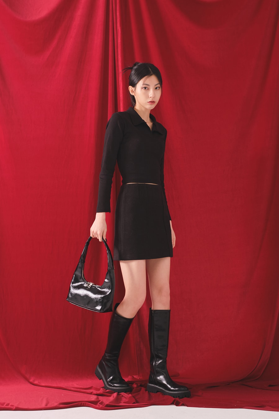 Open Collar Cropped Long Sleeve Tee