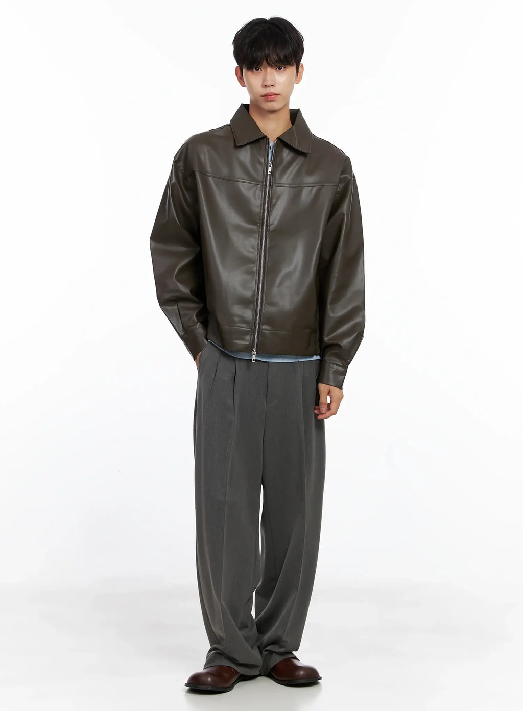 Men's Classis Faux Leather Zip-Up Jacket Is519