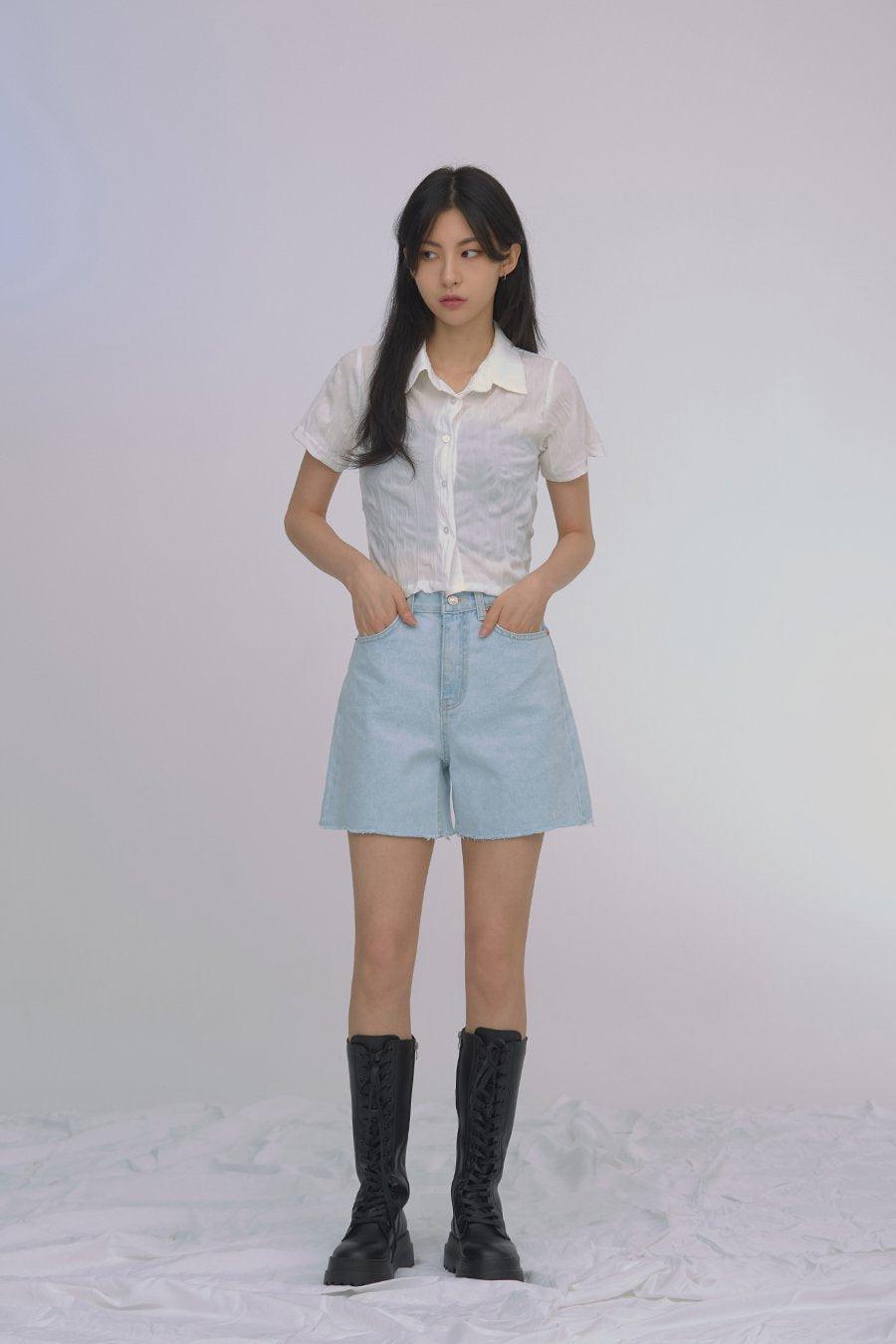 Wrinkled Button Down Crop Top CA04