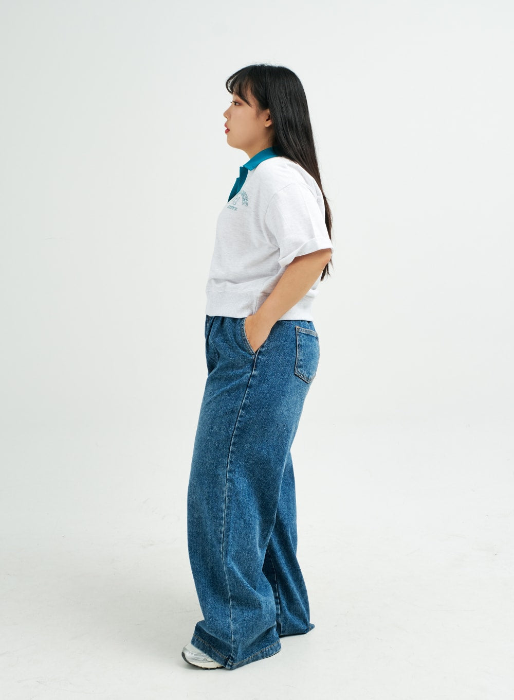 Plus Pintuck Wide Leg Denim Pants IY24