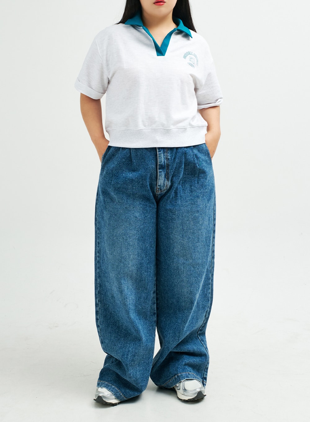 Plus Pintuck Wide Leg Denim Pants IY24