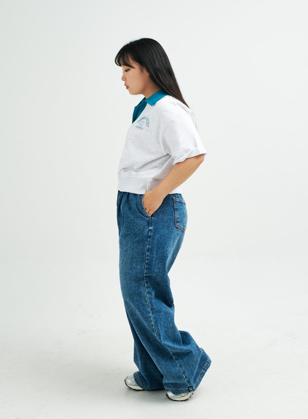 Plus Pintuck Wide Leg Denim Pants IY24