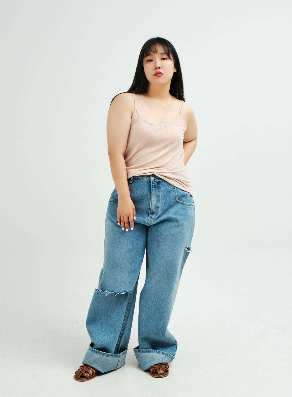 Plus Distressed Wide Leg Denim Pants IY24