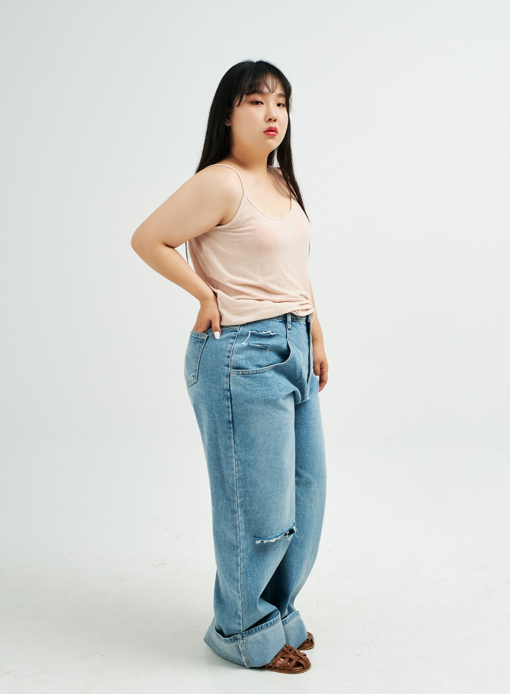 Plus Distressed Wide Leg Denim Pants IY24