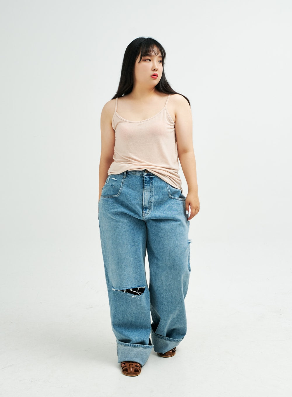 Plus Distressed Wide Leg Denim Pants IY24