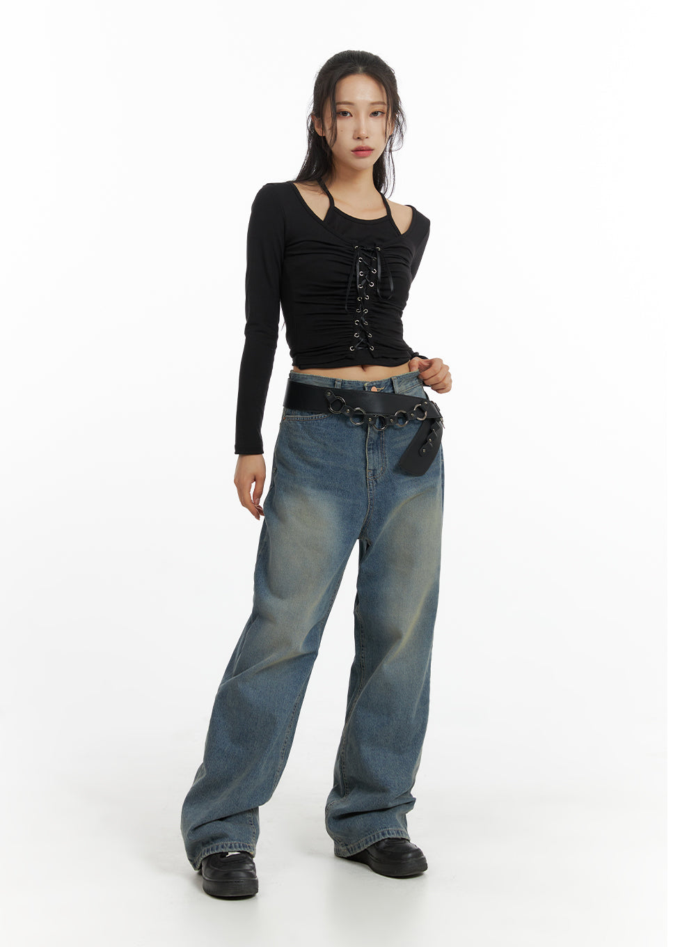 Solid Mid Waist Pocket Straight Leg Jeans IJ411