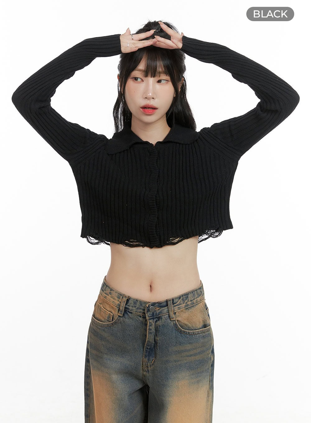 Distressed Hem Collared Crop Cardigan CG421