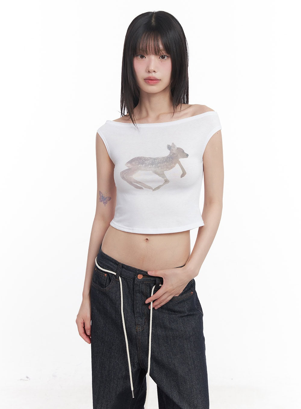 Cute Animal-Print  Graphic Off-Shoulder Crop Top CY521