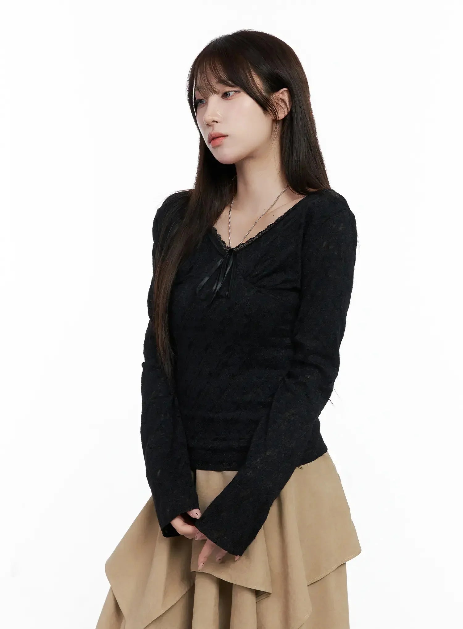 Ribbon V-neck Long Sleeve Top CC1109