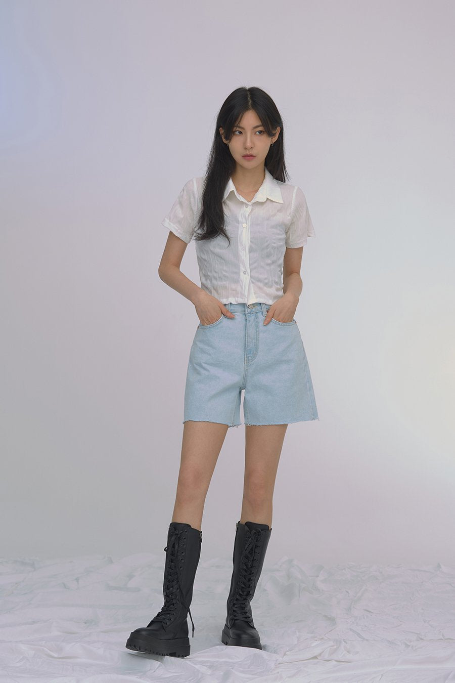 Wrinkled Button Down Crop Top CA04