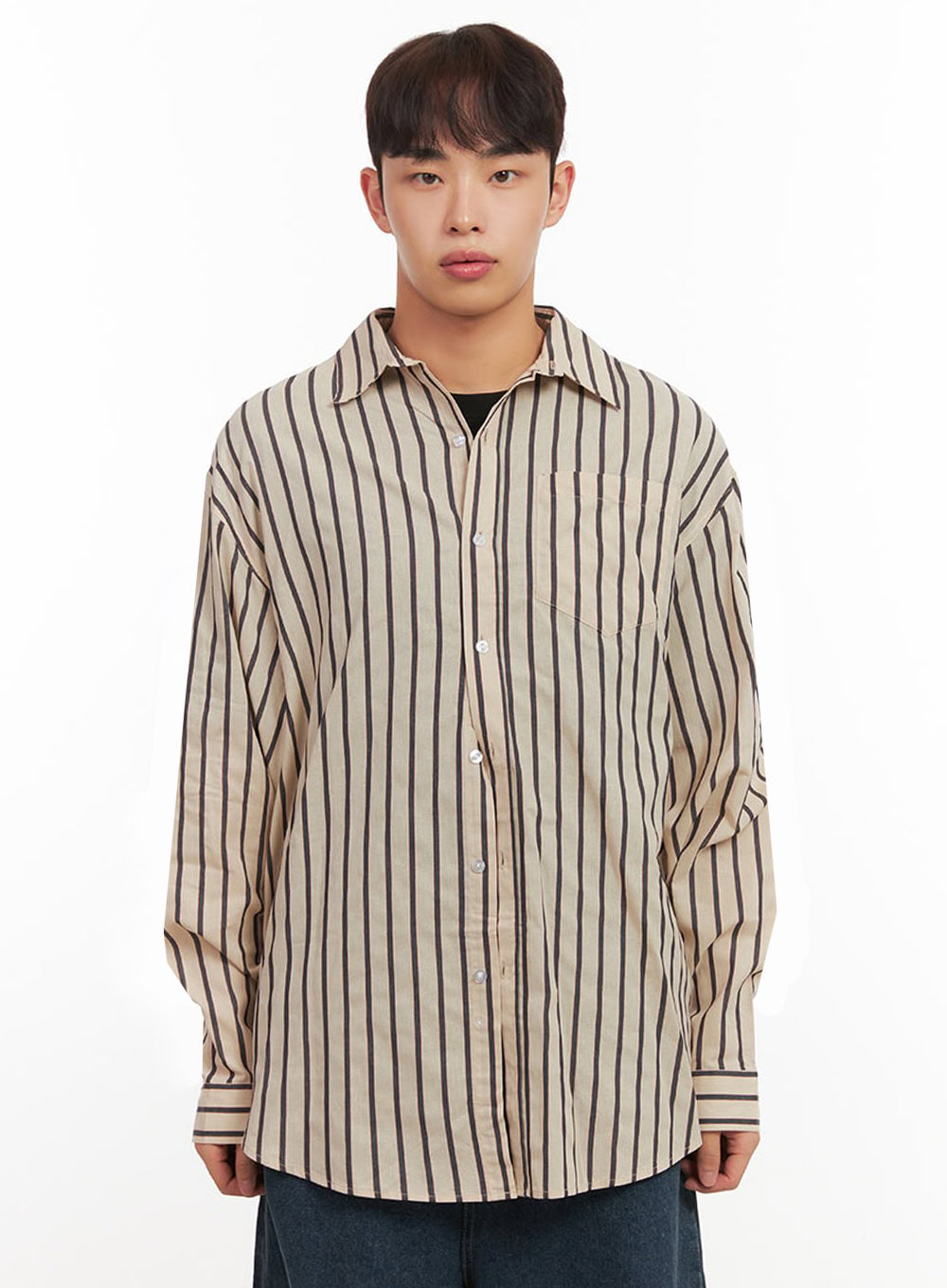 Men's Oversized Stripe Collared Button-Up Shirt IF521