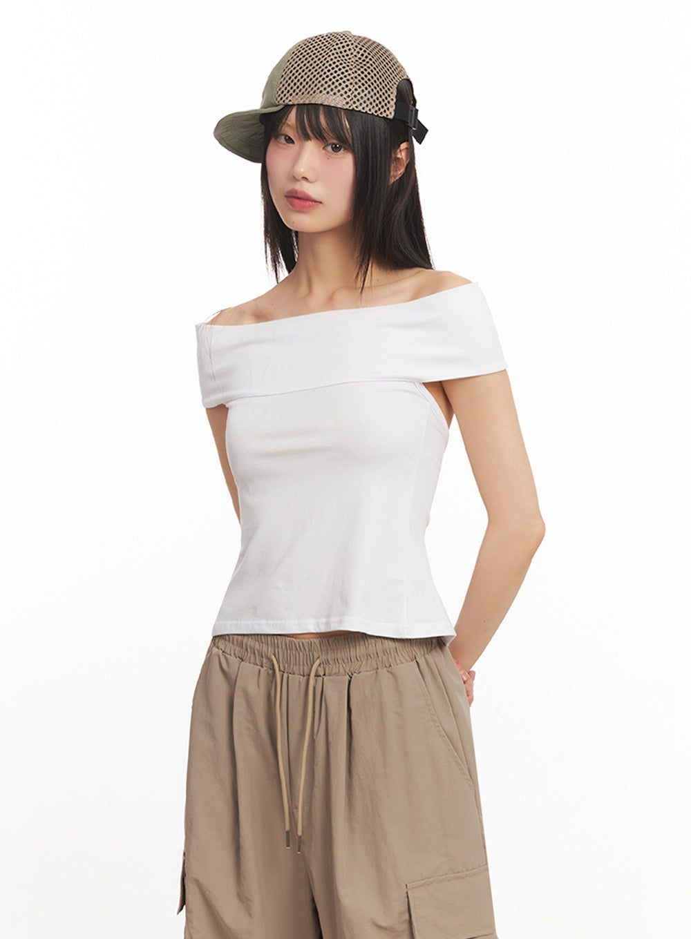 String Cut-Out Off-Shoulder Crop Top IY502