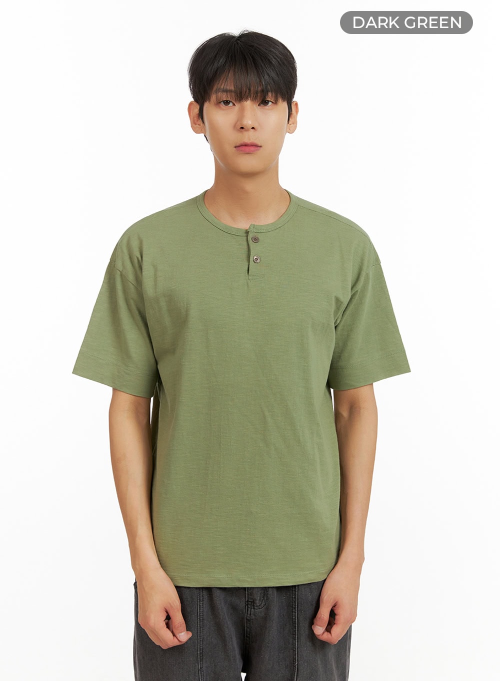Men's Cotton Round Neck Button T-Shirt (Dark Green) IU418