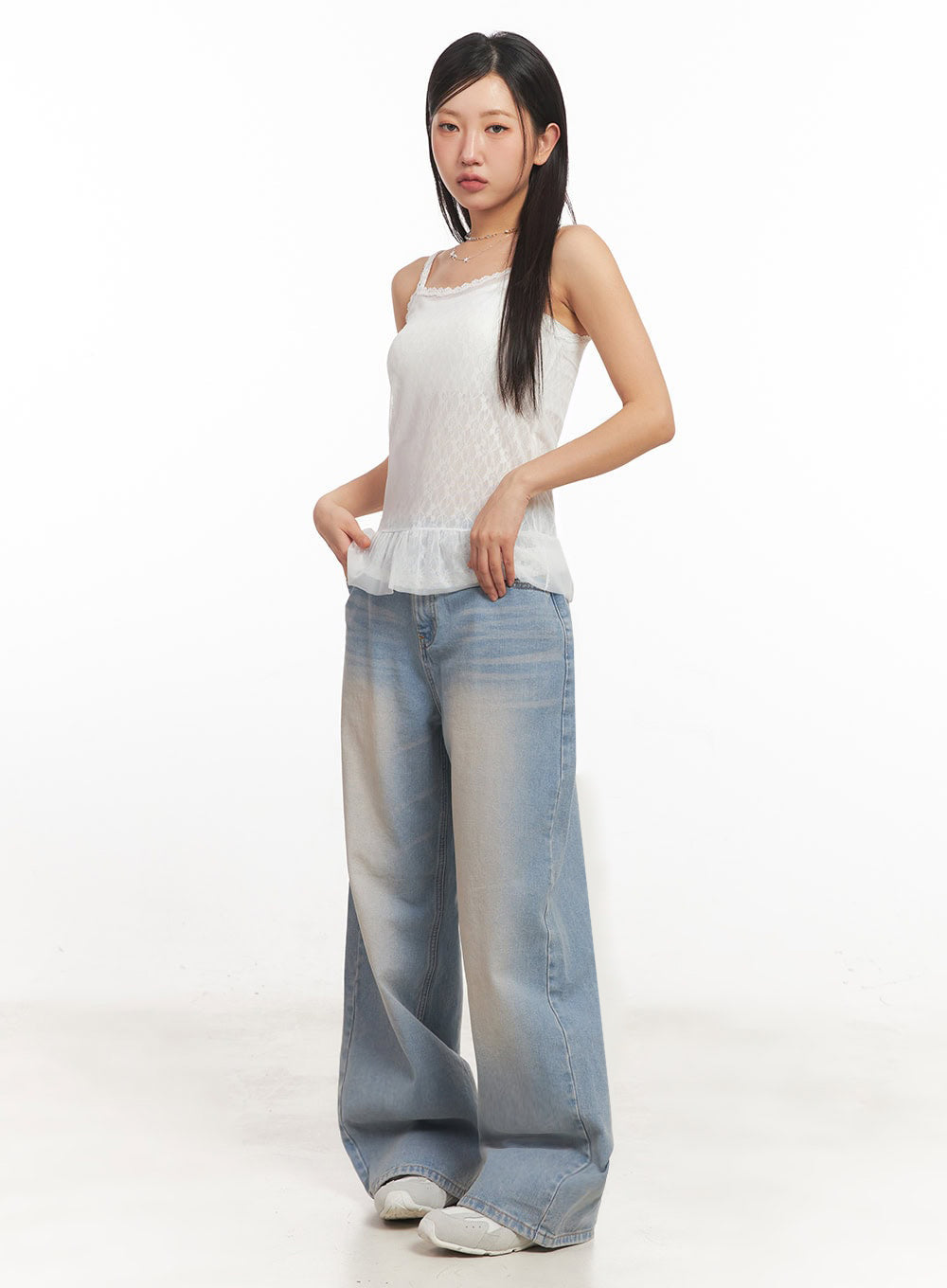 Sheer Frill-Trim Lace Cami Top IA524